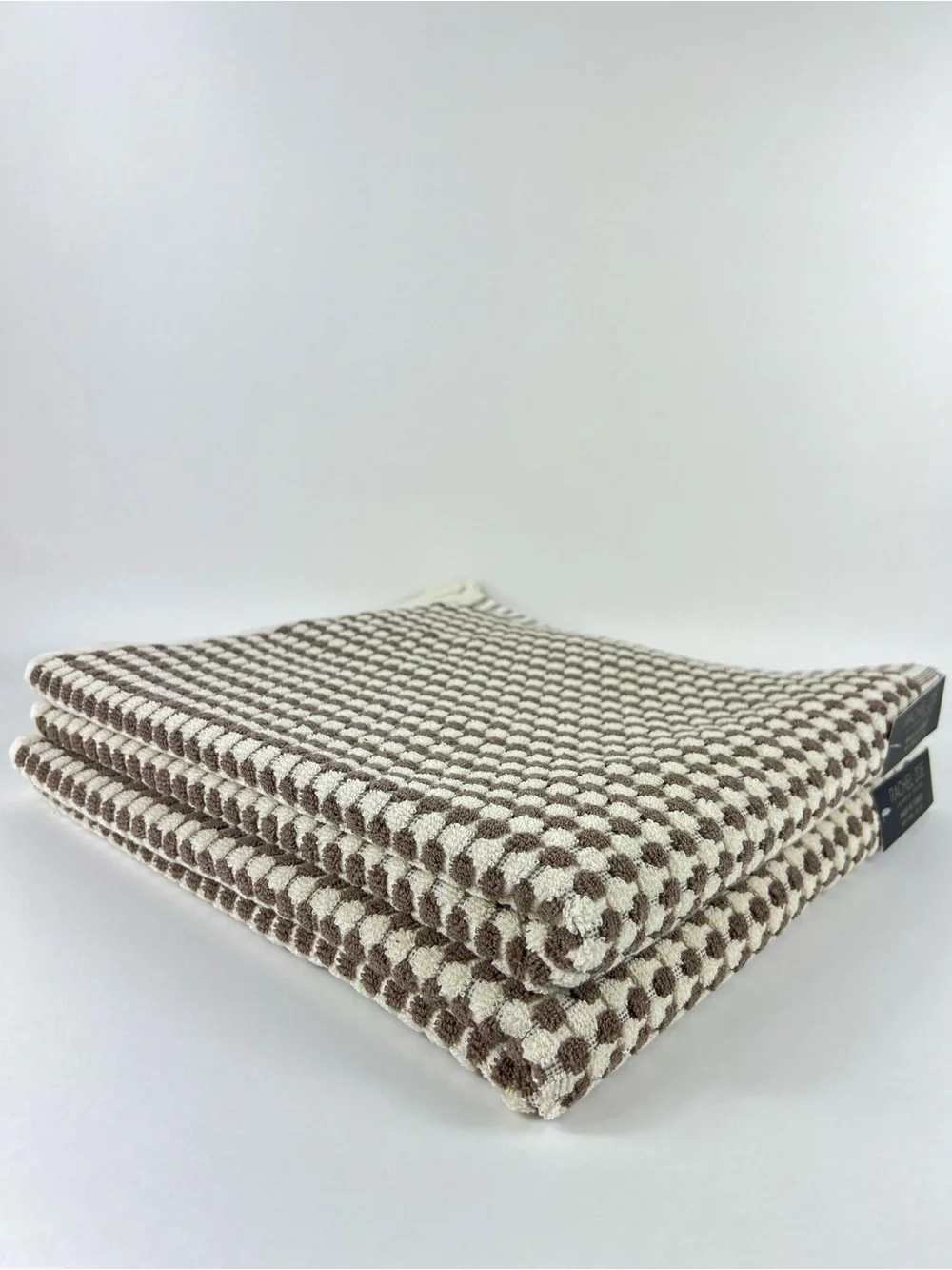 Rachel Zoe Bath Towel Set Brown & Cream Waffle Weave Soft Cotton 2 Pc Set NEW
